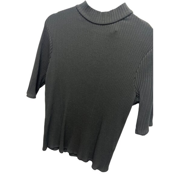 Chico's Black Label Black Ribbed Short Sleeve Gold Back Zipper Mock Neck Top - Picture 2 of 7